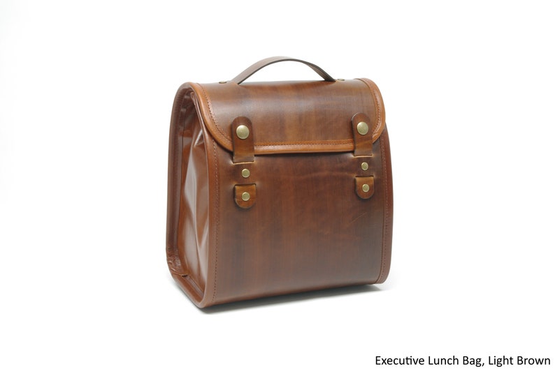 Executive Leather Lunch Bag with Waterproof Lining and Optional Insulation Light Brown