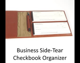 Leather Checkbook Organizer for BUSINESS Size SIDE TEAR checks - 4, 6 or 8-Book