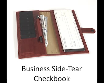 Leather BUSINESS Size SIDE TEAR Checkbook: Optional Personalized Monogram, Pen and Card Slots