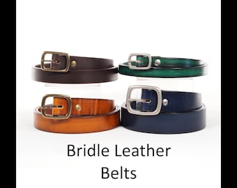 Bridle Leather Belt: Solid Brass CENTER BAR Buckle