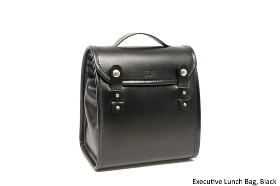 black leather lunch bag