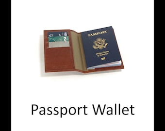 May include: A brown leather passport wallet featuring multiple interior card slots and a dark blue United States of America passport. The wallet is open, displaying the passport on the right side and several credit cards on the left side.