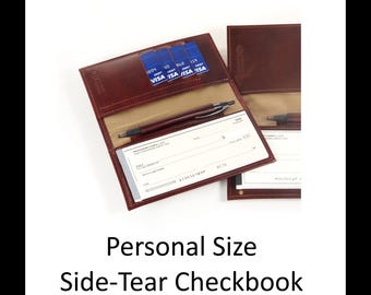 Leather PERSONAL Size SIDE TEAR Checkbook, with Optional Pen and Card Slots