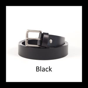 May include: A black leather belt with a silver-colored buckle. The belt is rolled up, displaying its full length. The word "Black" is printed at the bottom of the image. This belt is a classic accessory.