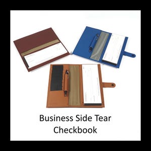 May include: Three business side tear checkbook covers in burgundy, blue, and tan. Each cover features a pen loop, a clear plastic divider, and a slot for checks. The tan cover includes black card slots. The text Business Side Tear Checkbook is below.