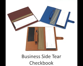 Leather BUSINESS Size SIDE TEAR Checkbook - with Optional Pen and Card Slots