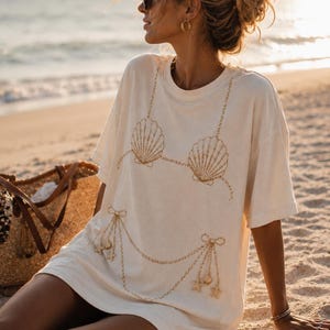 Oversized Shell Bikini Tee, Beach Cover Up, Coastal Graphic T-Shirt, Hand-Attached Charms