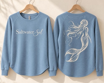 Sudadera Saltwater Sol Mermaid, sudadera de cuello redondo con lavado Wave Wash para mujer, jersey costero raglán