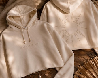 Saltwater Sol Hoodie | Cropped Beach Hoodie | Coastal Aesthetic Sweatshirt | Minimalist Sun Graphic Hoodie | Ocean Lover Gift for Her