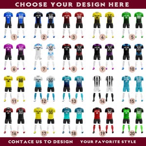 Puede incluir: Una selección de camisetas de fútbol en varios colores, incluyendo azul, rojo, verde y amarillo. Cada camiseta tiene un diseño único y se combina con pantalones cortos y calcetines a juego. El texto "CHOOSE YOUR DESIGN HERE" está en la parte superior.