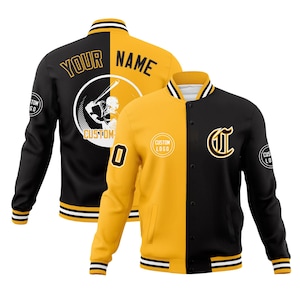 May include: Two-tone baseball jacket in black and gold. The front features a large letter "C" and a "CUSTOM LOGO" circle. The back displays "YOUR NAME" above a baseball player graphic. The jacket has a striped collar, cuffs, and hem.