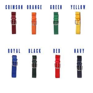 Könnte beinhalten: Eine Sammlung von acht einfarbigen Gürteln, jeweils mit einer silberfarbenen Schnalle. Die Farben umfassen Karmesinrot, Orange, Grün, Gelb, Königsblau, Schwarz, Rot und Marineblau. Der Text über jedem Gürtel gibt seine Farbe an.