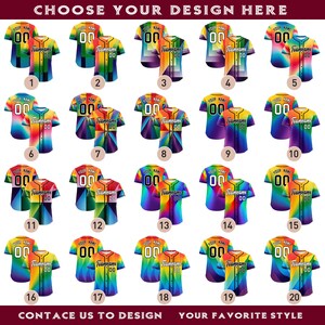 May include: A collection of baseball jerseys with various colorful designs, including rainbow, tie-dye, and geometric patterns. Each jersey has a number and the option to add a name. The image includes the text "CHOOSE YOUR DESIGN HERE".