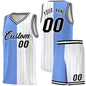 May include: A custom basketball jersey and shorts set. The jersey is light blue and white with the word "Custom" and the number "00" on the front. The shorts are light blue and white with the number "00". The back of the jersey says "YOUR NAME" and the number "00".