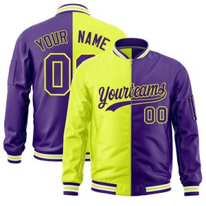 May include: Two-tone bomber jacket in purple and neon yellow. The jacket features the text "Yourteams" and "00" on the front, and "YOUR NAME 07" on the back. The jacket has a zip-up front, a ribbed collar, cuffs, and hem.
