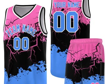 Conjunto de camiseta y pantalón corto de baloncesto personalizados, diseño personalizado con nombre y número Lightning, para adultos y jóvenes.