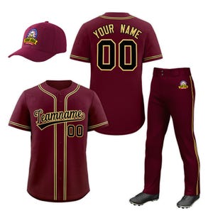 May include: A maroon baseball uniform set, including a cap, jersey, and trousers. The jersey and trousers have gold accents. The jersey features the text "Teamname" and the number "00". The cap and trousers have a logo.