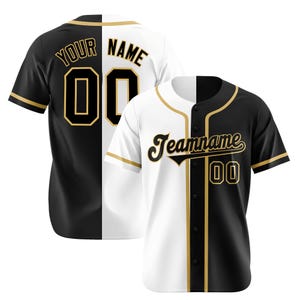 May include: Two baseball jerseys, one in front of the other. The front jersey is split vertically, with a black and white design. The black side has gold accents and the text "Your Name" and "00". The other jersey has the text "Teamname" and "00".