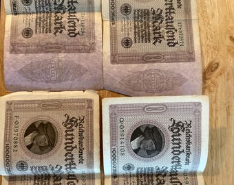 Lote de billetes extranjeros antiguos: Alemania, Weimar, hiperinflación (1922-1923), México (1 peso) y Nicaragua (5000 córdobas). Billete antiguo.
