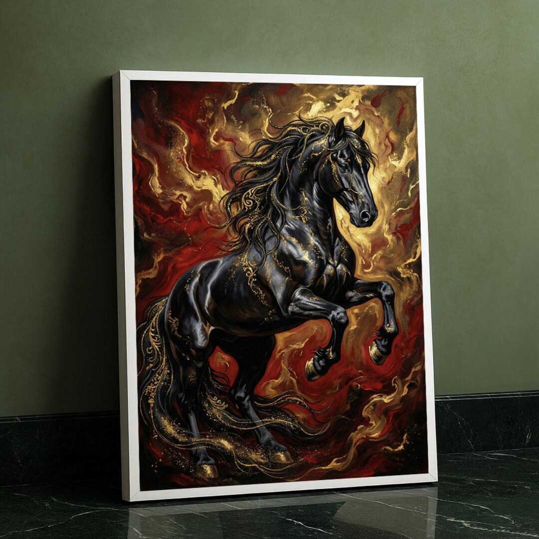 Majestic Black Stallion Canvas Wall Art Print Fiery Abstract Living ...
