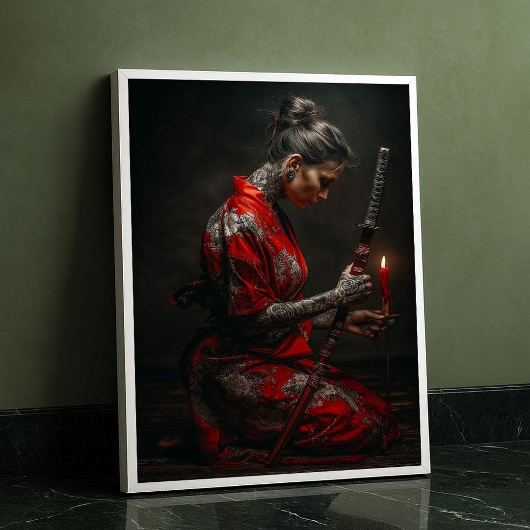 Striking Samurai Woman in Red Kimono Canvas Wall Art Print Dark Living ...