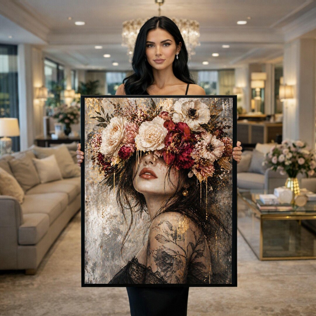 Floral Woman Portrait Framed Wall Art, Gold Peony Canvas Print, Boho ...