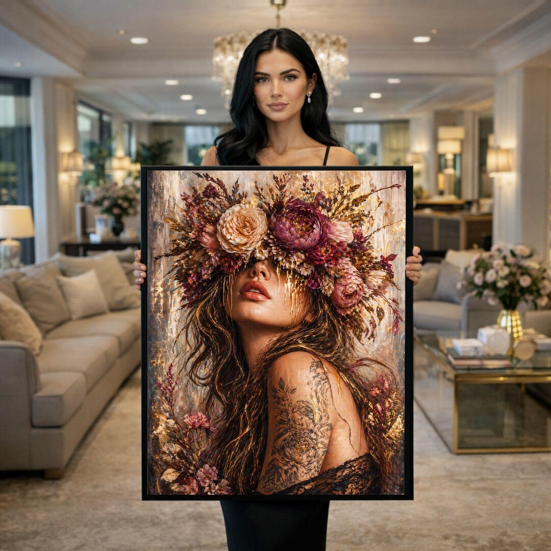 Floral Woman Portrait Framed Wall Art, Botanical Gold Canvas Print ...