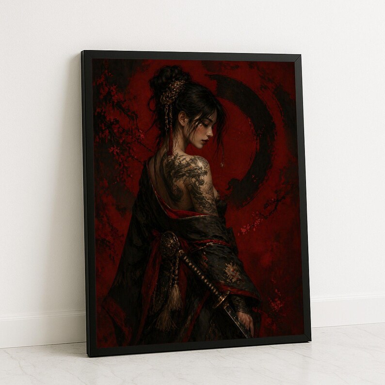 Japanese Woman Warrior Framed Wall Art, Red Black Kimono Canvas Print ...