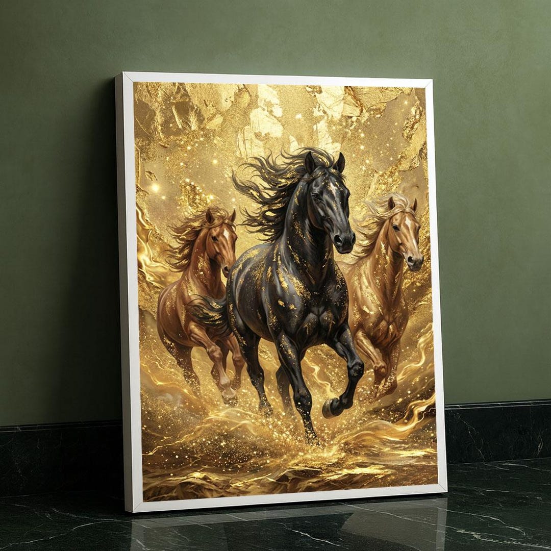 Dynamic Galloping Horses Canvas Wall Art Print Gold and Black Living ...