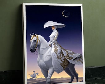 Lienzo decorativo para pared con diseño de mujer elegante a caballo, diseño moderno de fantasía para dormitorio