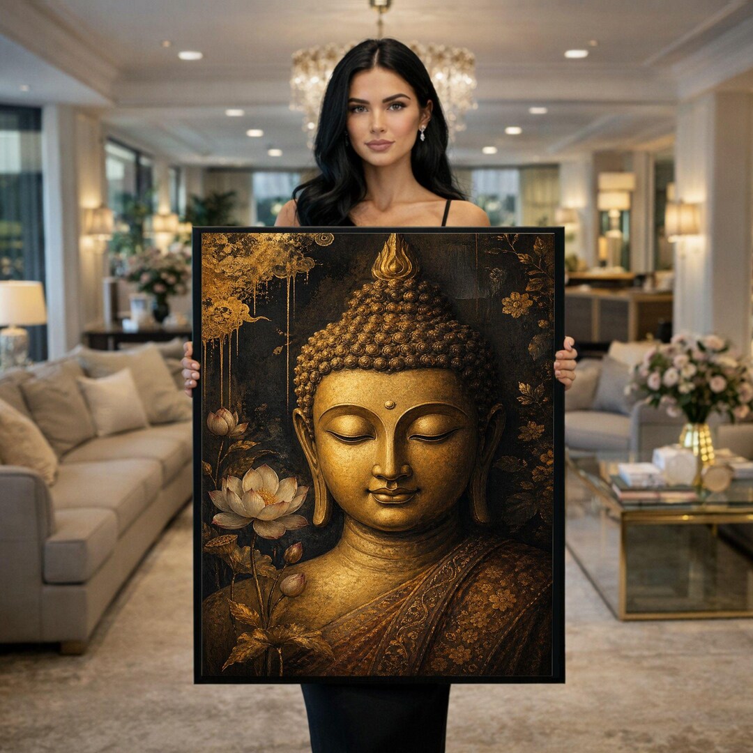 Buddha Golden Lotus Framed Wall Art, Zen Spiritual Canvas Print ...