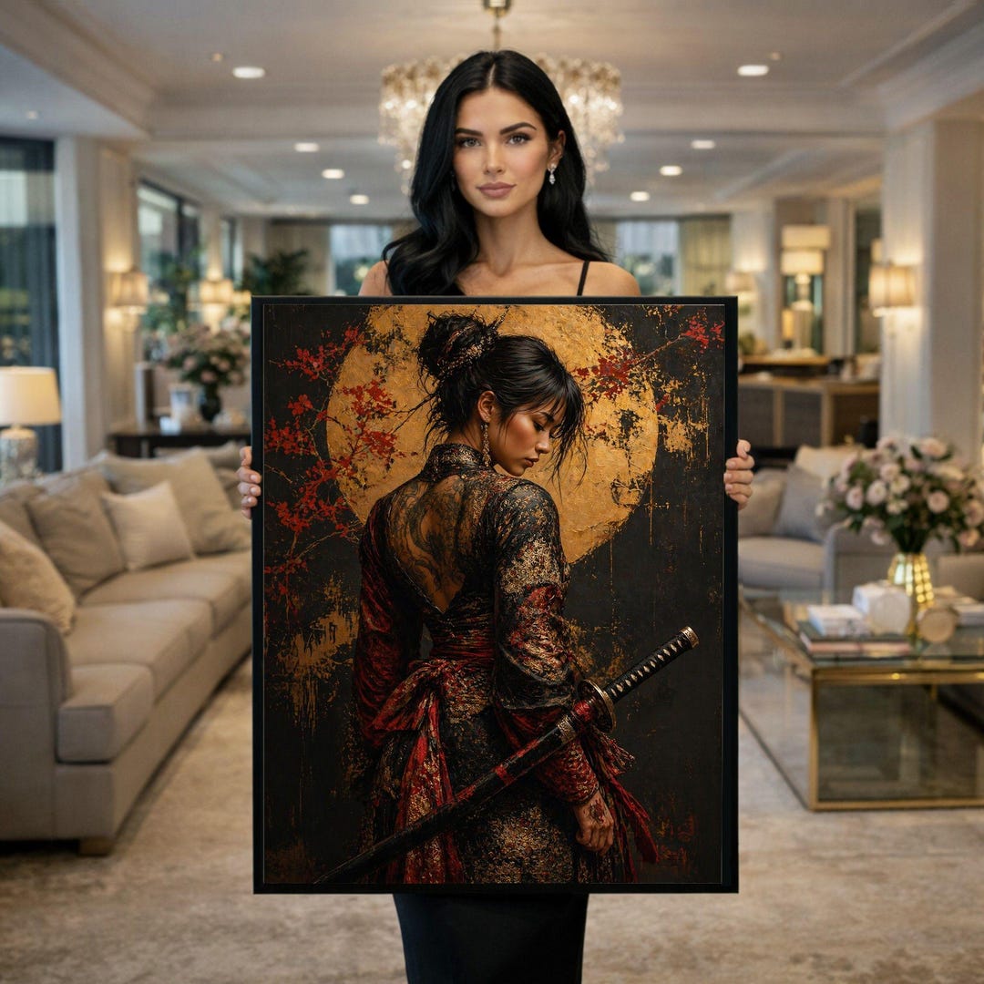Japanese Samurai Woman Framed Wall Art, Red Black Kimono Canvas Print ...