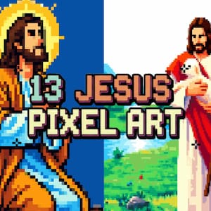 May include: Pixel art illustration featuring two images of Jesus. One shows Jesus kneeling with a halo, wearing a gold robe and blue clothing. The other shows Jesus holding a lamb, with a staff and red cloth. The text "13 JESUS PIXEL ART" is in the center.