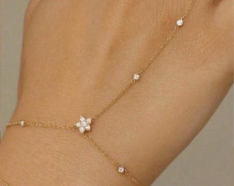 Gold minimalist floral hand chain bracelet