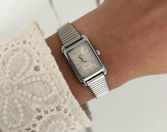 Vintage inspirierte Silber-Weiß-Frauen-Minimalist-Armbanduhr-Armband Edelstahl + Geschenktasche