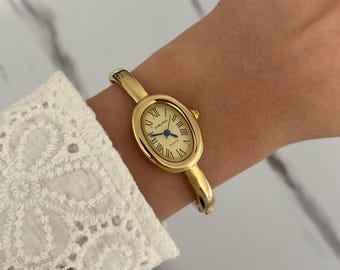Retro Gold Frauen Minimalist Vintage inspirierte Uhr, Armband Edelstahl + Geschenkbeutel