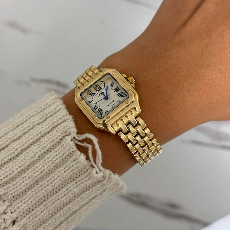 Reloj minimalista de mujer de inspiración vintage en oro, con pulsera de acero inoxidable + bolsa de regalo imagen 3