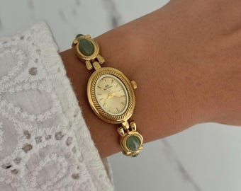 Vintage Inspired Gold/Green Gemstones Women Minimalist Watch Bracelet Stainless steel + gift bag