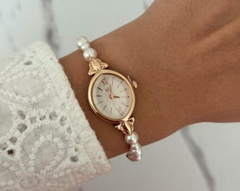 Vintage inspirierte Gold Weiß Perle Edelstein Frauen Minimalist Uhr Armband Edelstahl + Geschenktasche