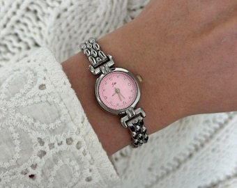 Vintage Inspired Silver Pink Dial Women Minimalist Watch Bracelet Stainless steel + gift bag