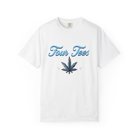 Four Tees Cannabis Leaf T-Shirt | Retro Script, Blue Leaf Design