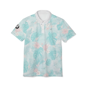 May include: A short-sleeved polo shirt with a white collar and a button-down placket. The shirt features a tropical pattern with light blue and pink flowers and leaves on a white background. A small emblem is on the left sleeve.