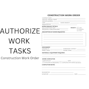 Construction Work Order Printable | Contractor Work Order Form | Job Site Work Request | Construction Documentation