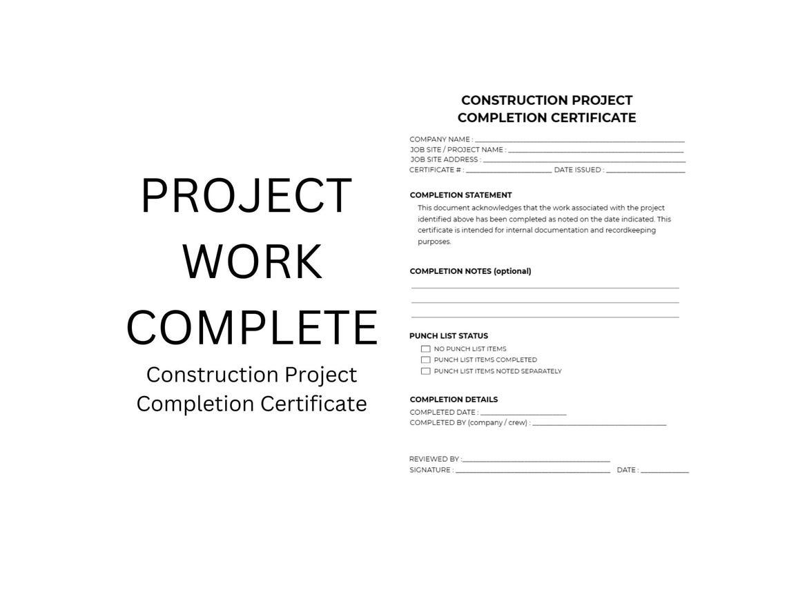 Construction Project Completion Certificate Printable | Job Site ...