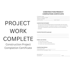 Construction Project Completion Certificate Printable | Job Site Completion Form | Contractor Project Closeout Documentation
