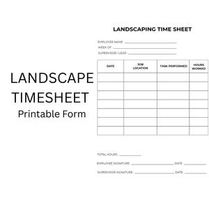 Peut inclure: Une feuille de temps d'aménagement paysager imprimable sur fond blanc. Le document comprend des champs pour le nom de l'employé, la semaine et le superviseur/chef. Il comporte des sections pour la date, le lieu de travail, la tâche effectuée et les heures travaillées.