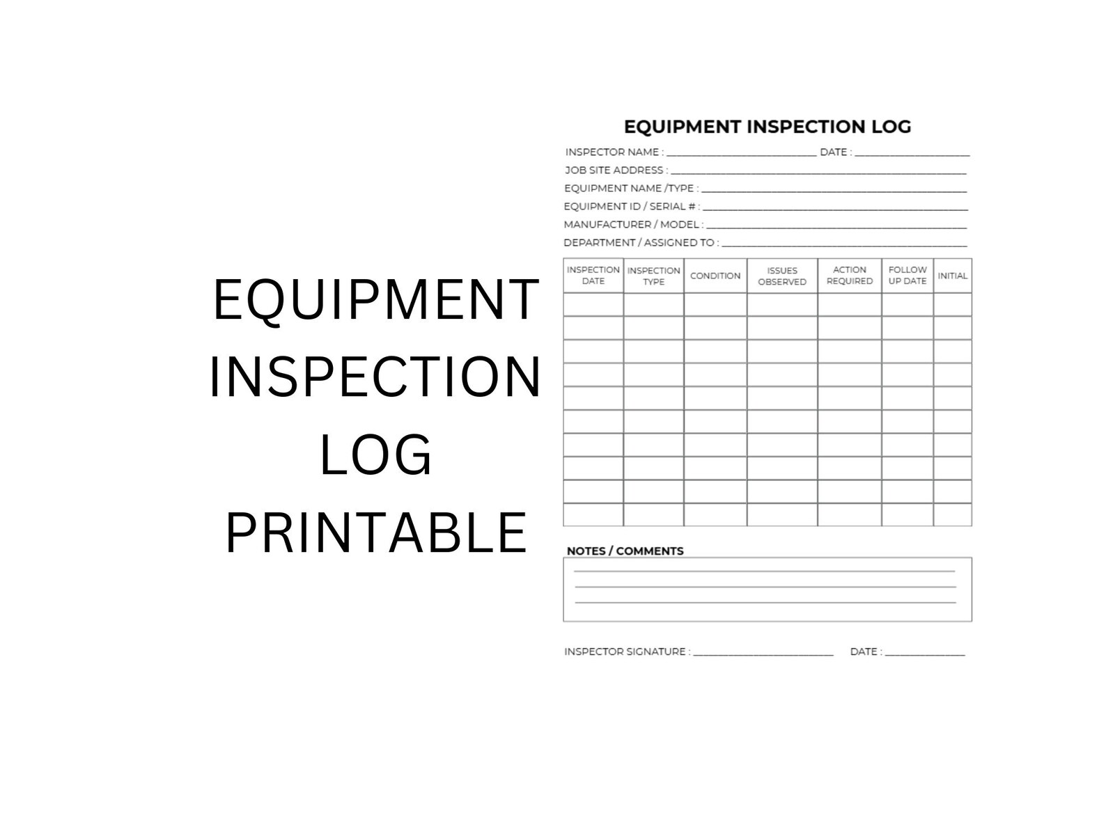 Unit Inspection Log Form Equipment Inspection Log | Construction Equipment Inspection Record ...