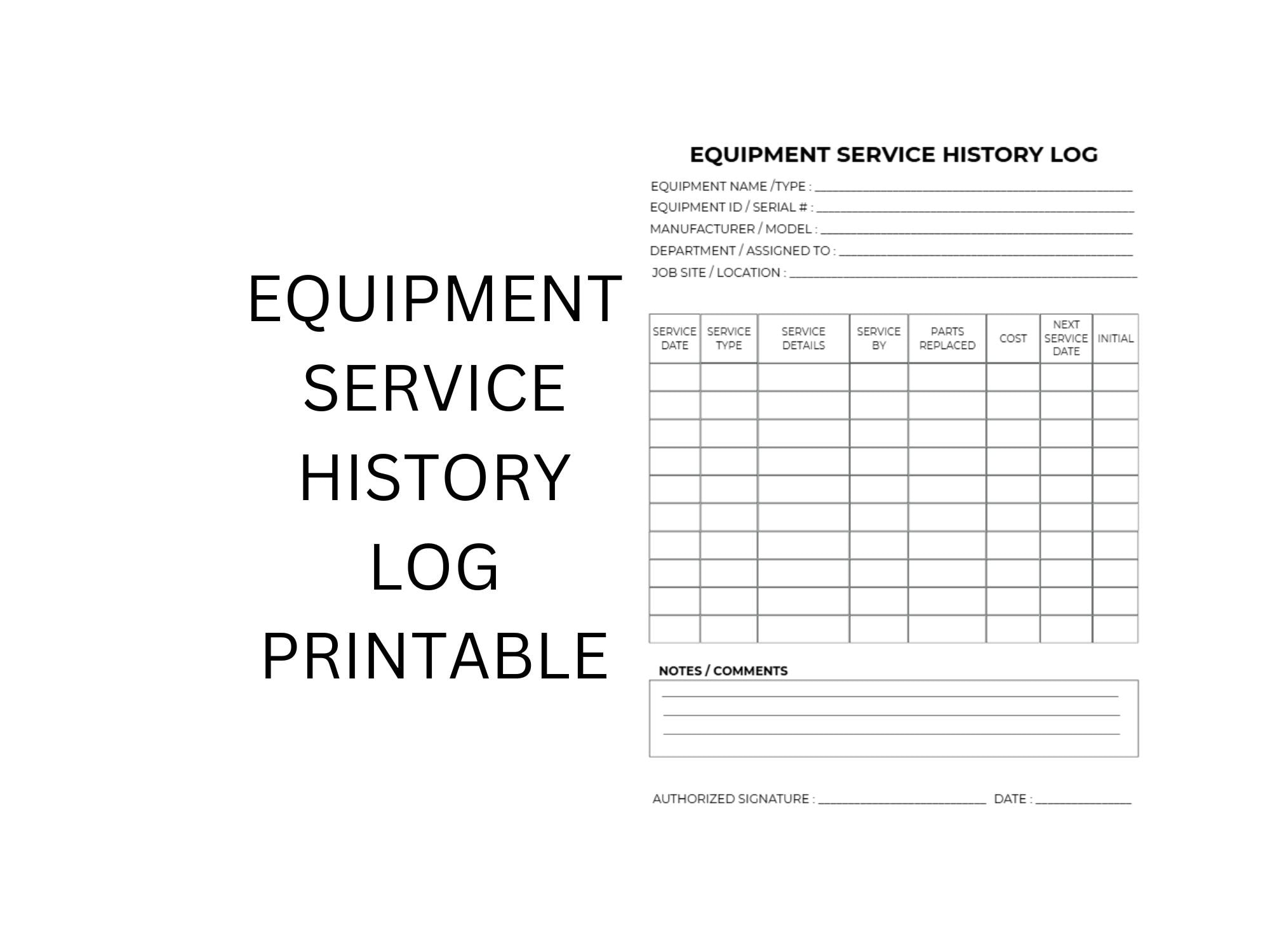 Equipment Service History Log | Construction Equipment Maintenance ...