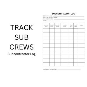 Subcontractor Log Printable | Construction Subcontractor Tracking Form | Contractor Coordination Log | Job Site Documentation