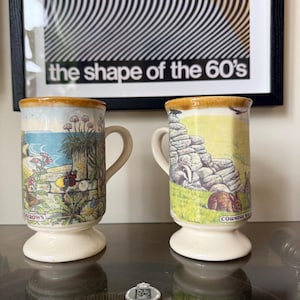 May include: Two vintage ceramic mugs with handles. One mug features a coastal scene with flowers and the word "Barrows". The other mug depicts a badger and rabbits with the words "Cornish Ware". Both mugs have a cream-colored base.